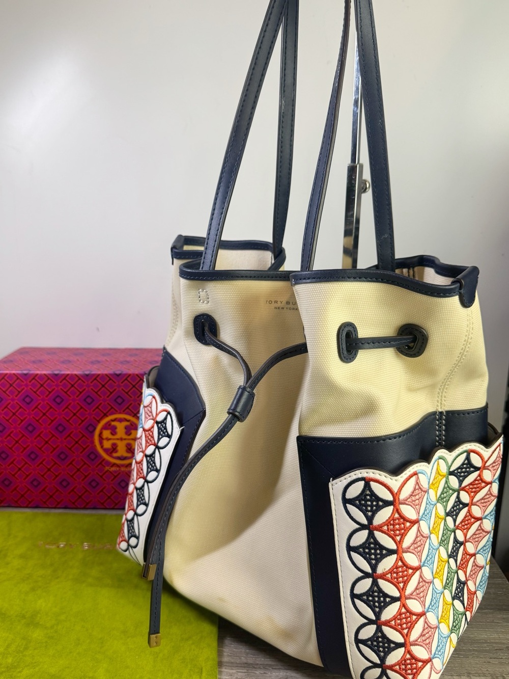 Tory Burch Canvas Bucket multicolored embroidered paneled Bag $460 READ